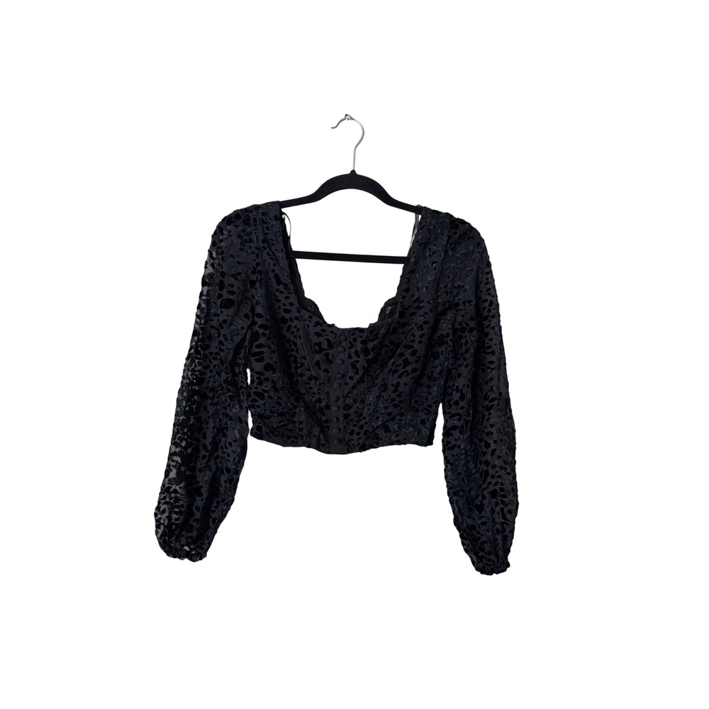 4si3nna Women's Black Leopard Print Puff Sleeves Cropped Top Size Small
